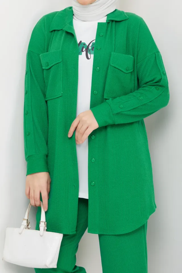 Kadın Desenli Tunik Pantolon Bluz Tesettür Üçlü Takım Yeşil