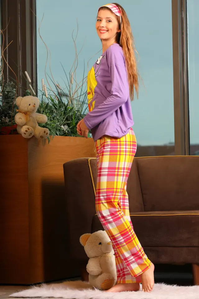 Kadın Desenli Uyku Bantlı Pijama Takımı Lila
