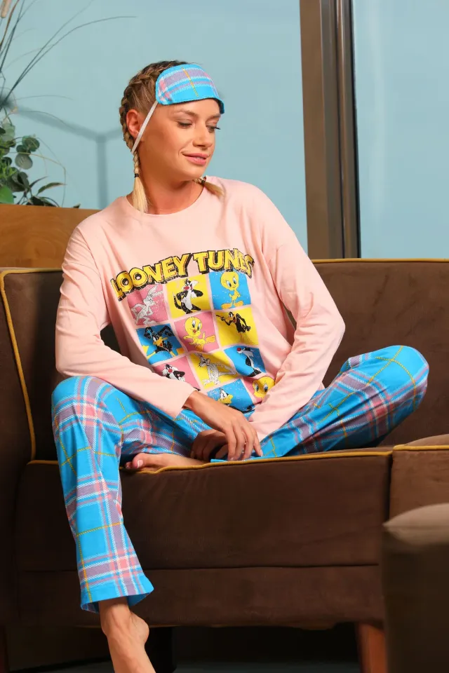 Kadın Desenli Uyku Bantlı Pijama Takımı Pudra