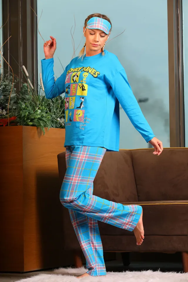 Kadın Desenli Uyku Bantlı Pijama Takımı Koyumavi