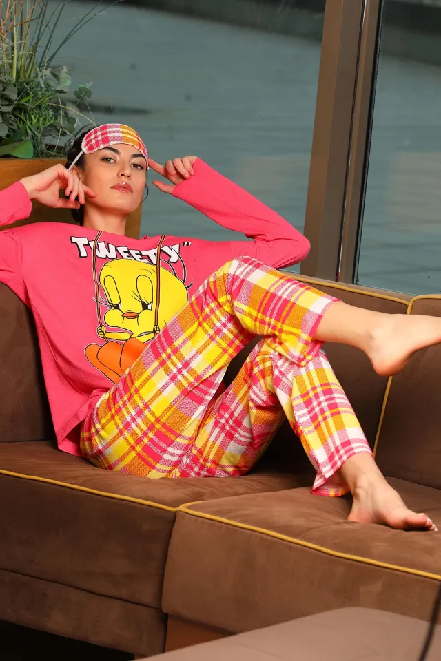Kadın Desenli Uyku Bantlı Pijama Takımı Pembe