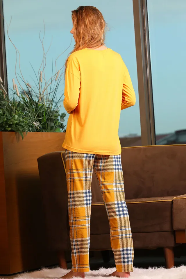 Kadın Desenli Uyku Bantlı Pijama Takımı Hardal