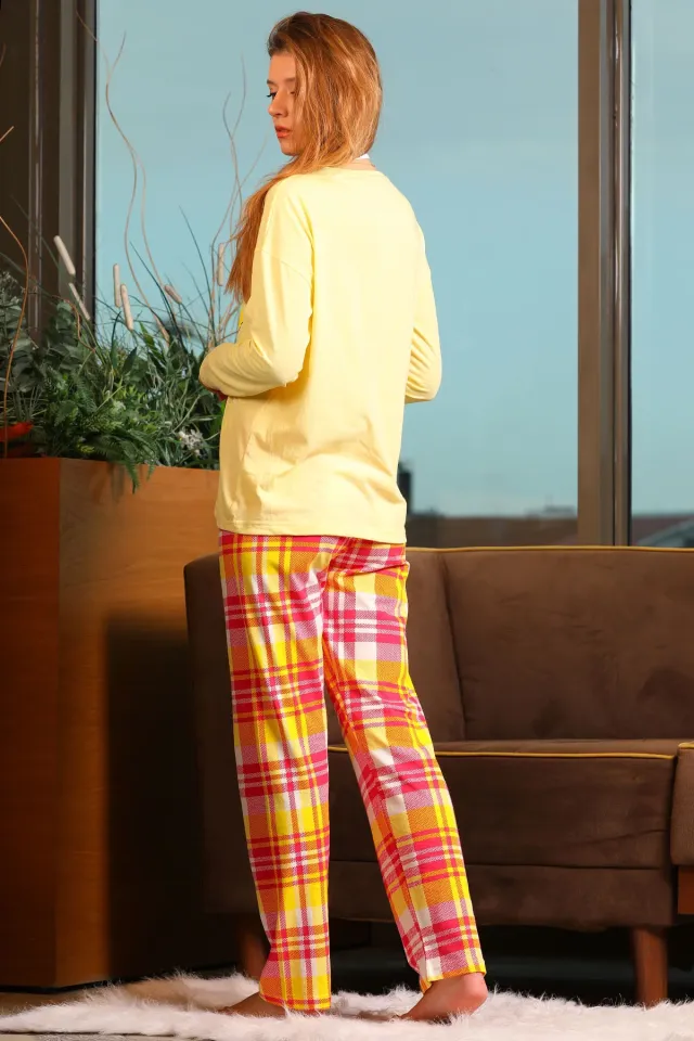 Kadın Desenli Uyku Bantlı Pijama Takımı Sarı