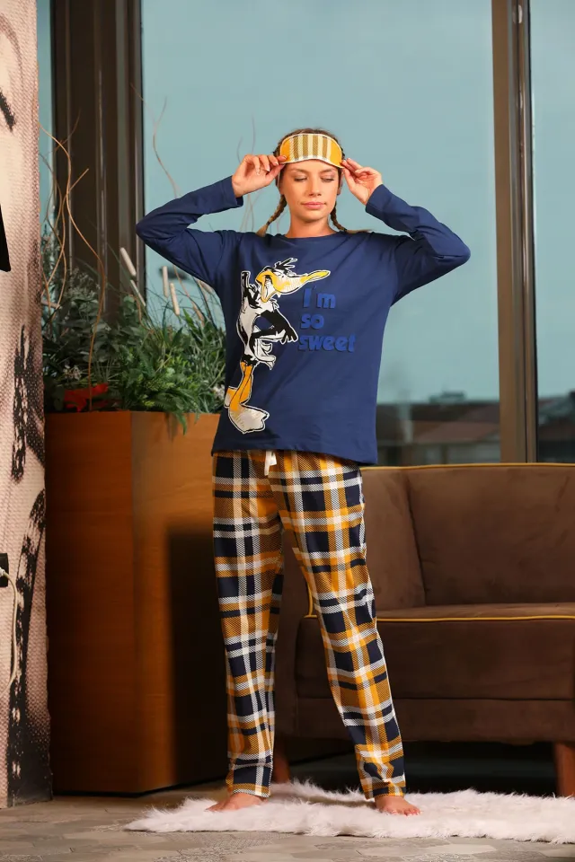 Kadın Desenli Uyku Bantlı Pijama Takımı Lacivert