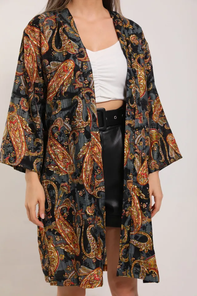 Kadın Desenli Yan Yırtmaçlı Kimono Hırka Füme