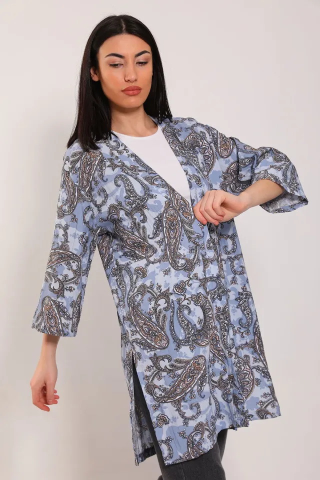 Kadın Desenli Yan Yırtmaçlı Kimono Hırka Mavi