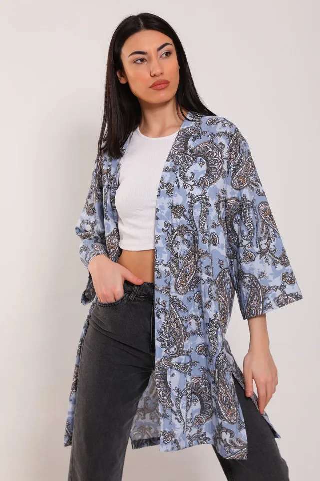 Kadın Desenli Yan Yırtmaçlı Kimono Hırka Mavi