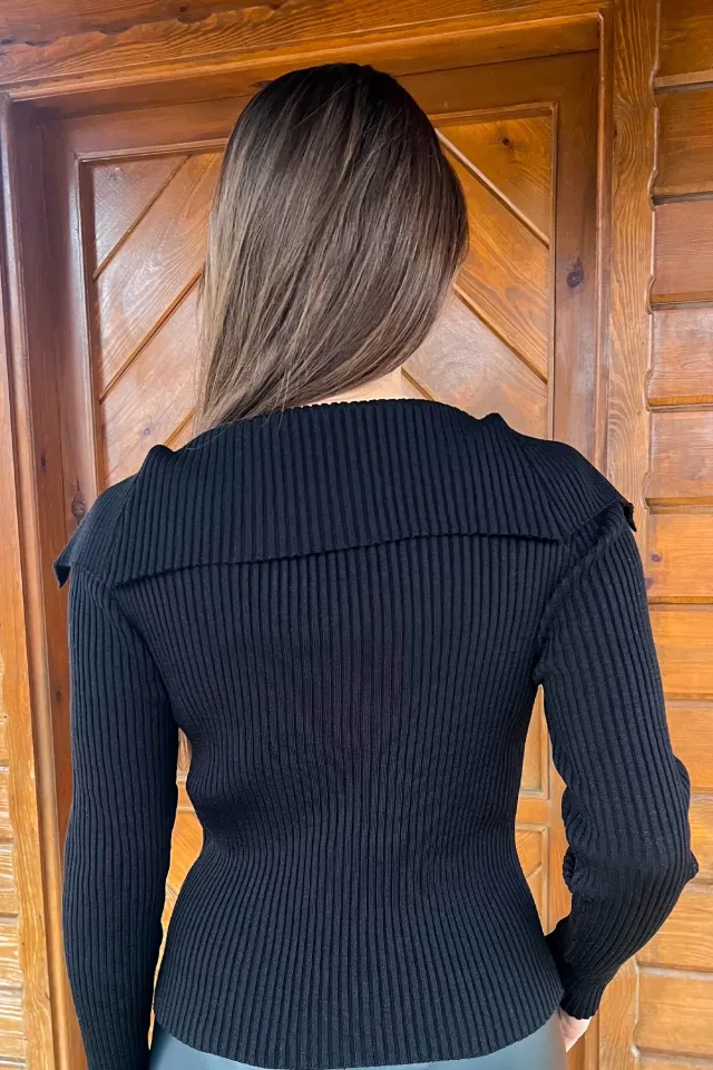 Kadın Devrik Yaka Fitilli Likralı Triko Bluz Siyah