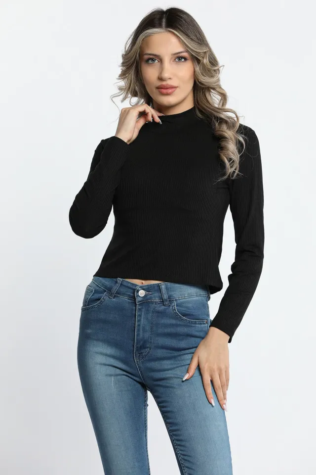 Kadın Dik Yaka Fitilli Crop Top Body Bluz Siyah