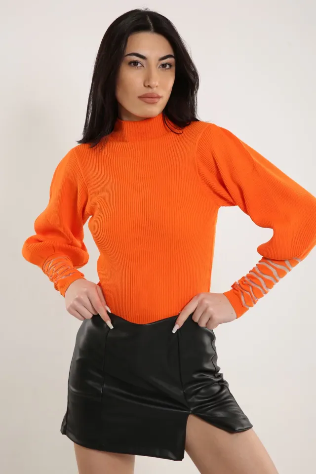 Kadın Dik Yaka Kol Tranparan Triko Bluz Orange