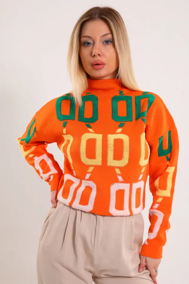 Kadın Dik Yaka Nakışlı Crop Triko Kazak Orange