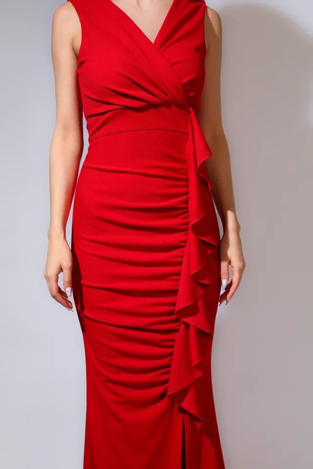 Kadın Drapeli Yırtmaçlı Abiye Elbise Kırmızı