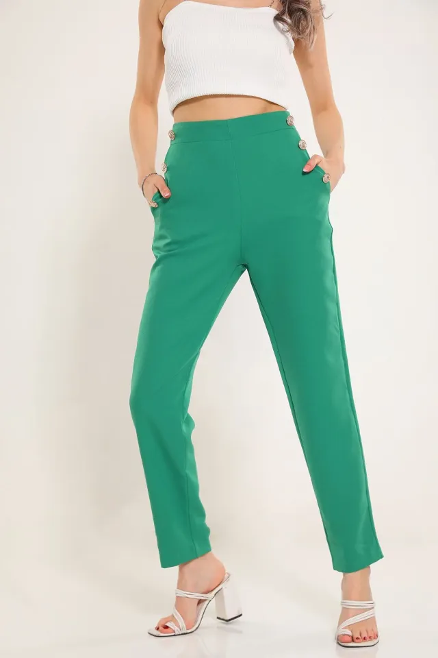 Kadın Düğme Detaylı Cepli Bol Paça Pantolon Yeşil