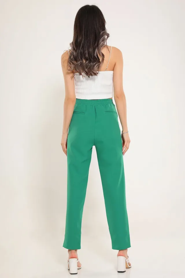 Kadın Düğme Detaylı Cepli Bol Paça Pantolon Yeşil