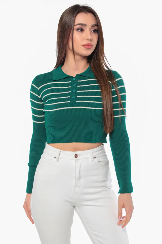 Kadın Düğme Detaylı Crop Triko Bluz Yeşil