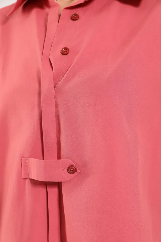 Kadın Düğme Detaylı Ön Kısa Arka Uzun Gömlek Tunik Gülkurusu