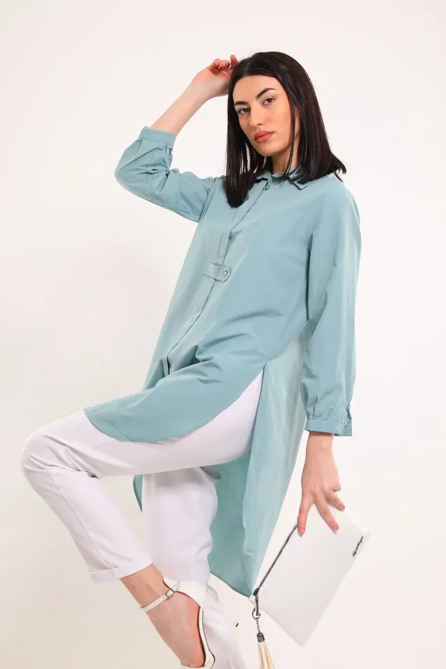 Kadın Düğme Detaylı Ön Kısa Arka Uzun Gömlek Tunik Mint