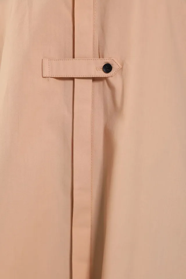 Kadın Düğme Detaylı Ön Kısa Arka Uzun Gömlek Tunik Bej