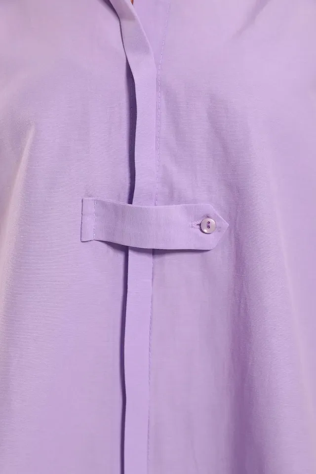 Kadın Düğme Detaylı Ön Kısa Arka Uzun Gömlek Tunik Lila
