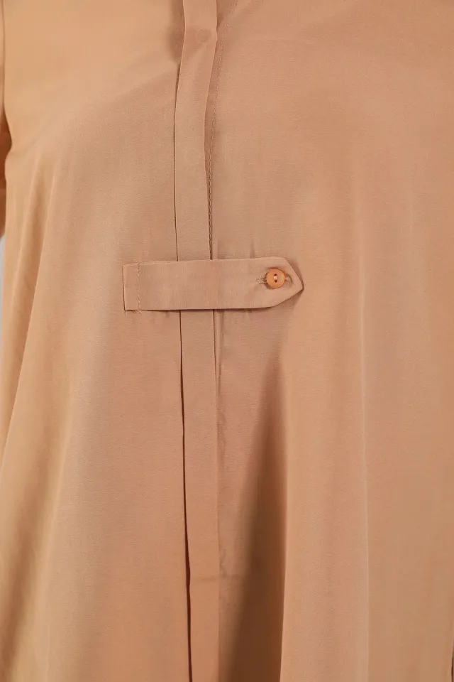 Kadın Düğme Detaylı Ön Kısa Arka Uzun Gömlek Tunik Vizon