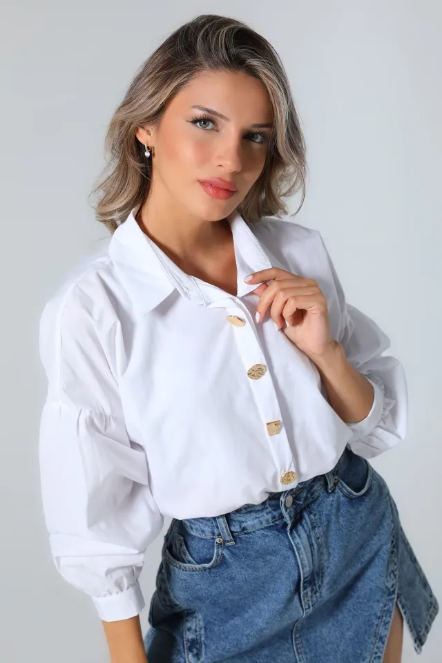 Kadın Düğme Detaylı Oversize Gömlek Beyaz