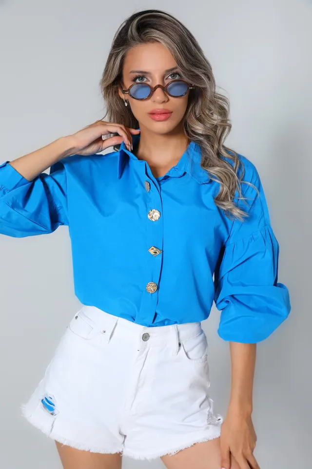 Kadın Düğme Detaylı Oversize Gömlek Mavi
