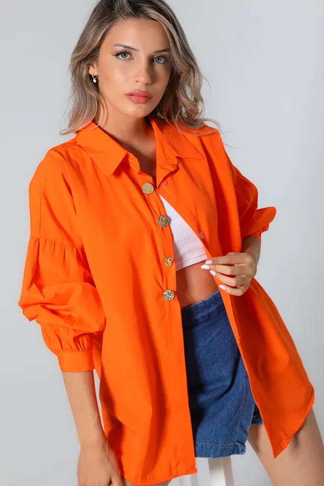 Kadın Düğme Detaylı Oversize Gömlek Orange