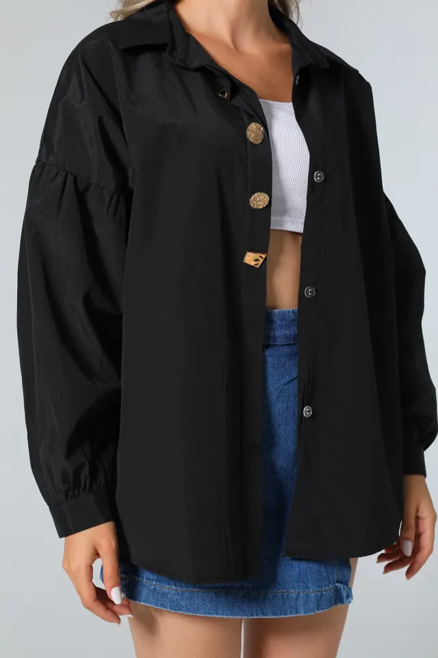 Kadın Düğme Detaylı Oversize Gömlek Siyah