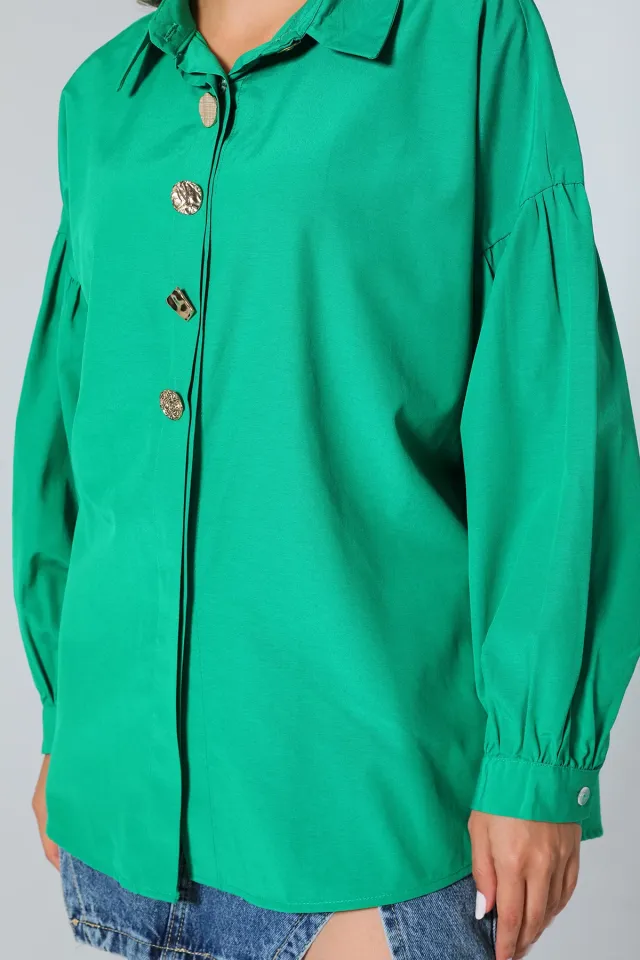 Kadın Düğme Detaylı Oversize Gömlek Yeşil