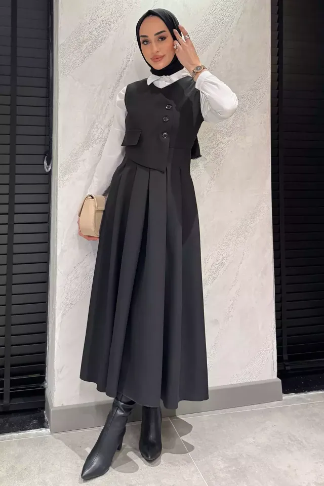 Kadın Düğme Detaylı Pileli Tesettür Jile Elbise Siyah