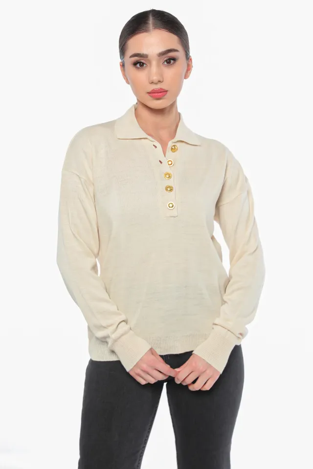 Kadın Düğme Detaylı Triko Bluz Taş