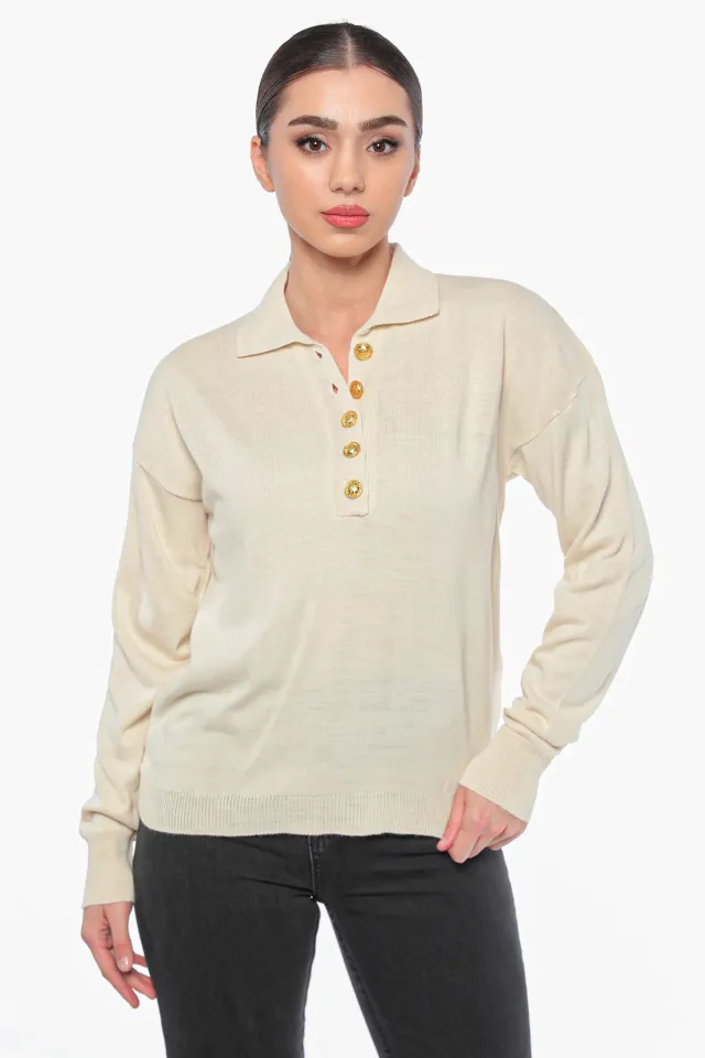 Kadın Düğme Detaylı Triko Bluz Taş