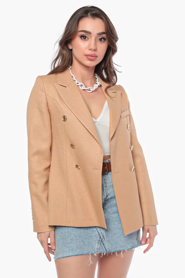 Kadın Düğmeli Blazer Ceket Bej
