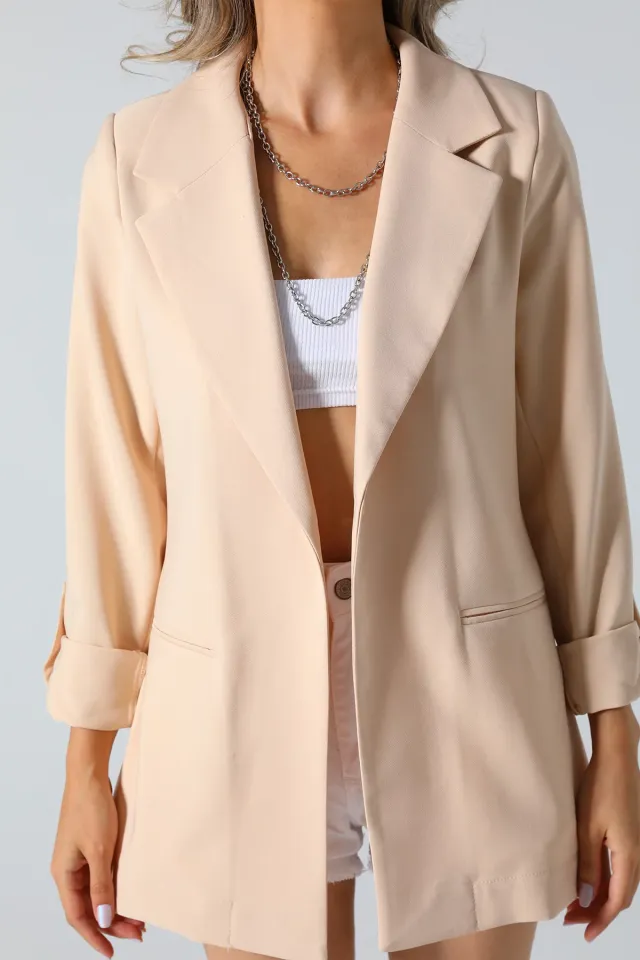 Kadın Düğmeli Blazer Ceket Bej