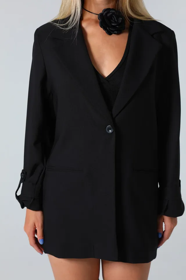 Kadın Düğmeli Blazer Ceket Siyah