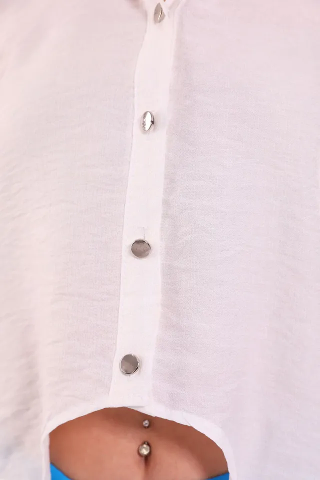 Kadın Düğmeli Ön Bağlama Detaylı Gömlek Krem
