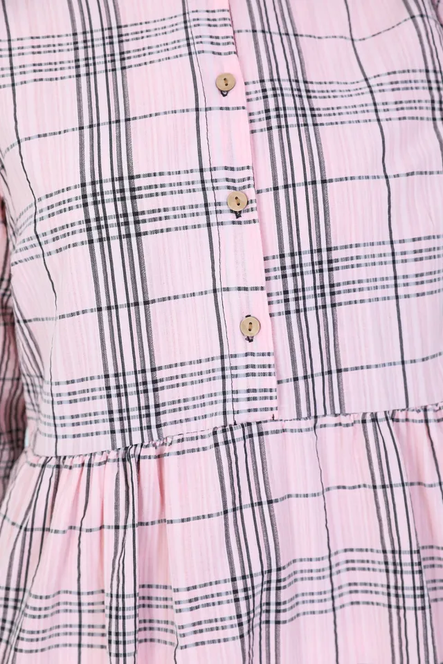 Kadın Ekoseli Gömlek Yaka Midi Boy Elbise Pudrasiyah