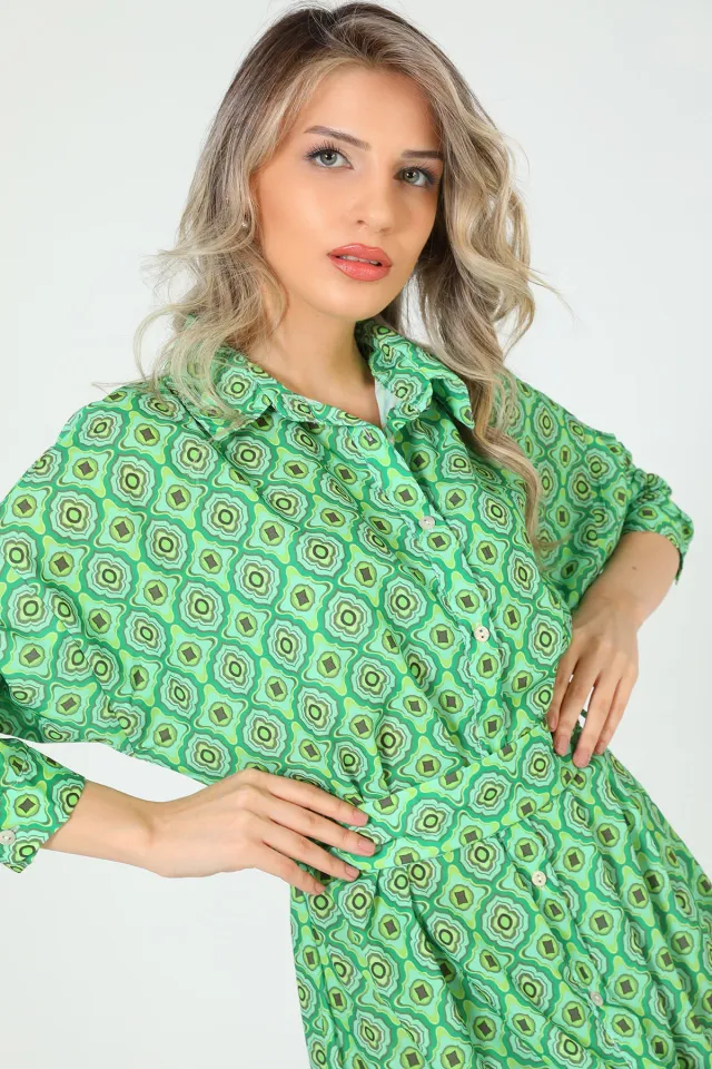 Kadın Etek Ucu Fırfırlı Saten Gömlek Elbise Yeşil