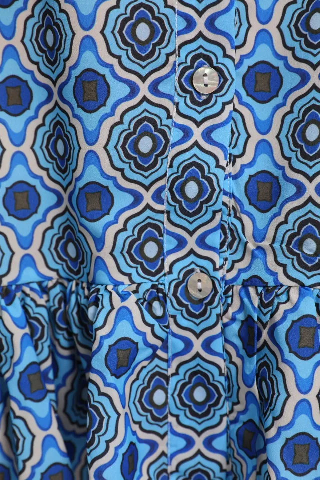 Kadın Etek Ucu Fırfırlı Saten Gömlek Elbise Mavi