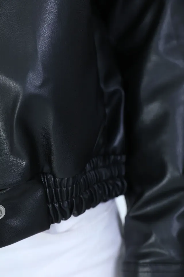 Kadın Fermuarlı Bel Lastikli Deri Ceket Siyah