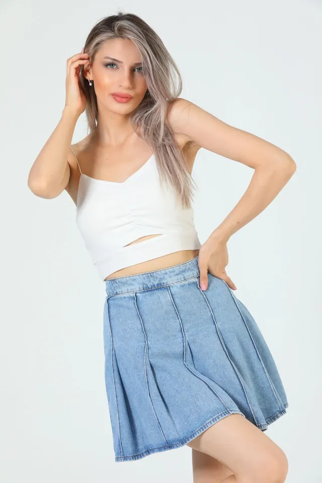 Kadın Fermuarlı Mini Jeans Etek Mavi