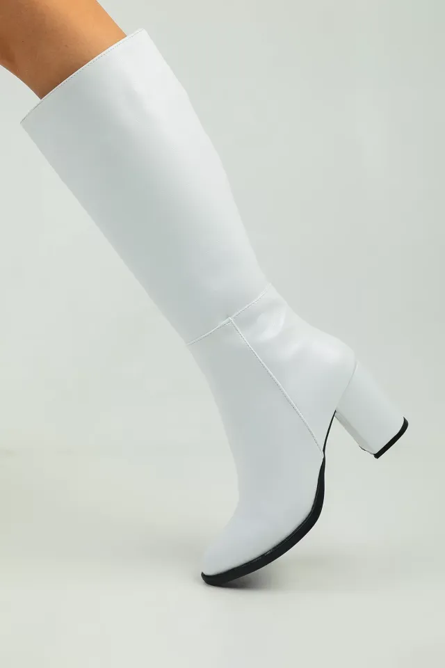 Kadın Fermuarlı Topuklu Çizme Beyaz