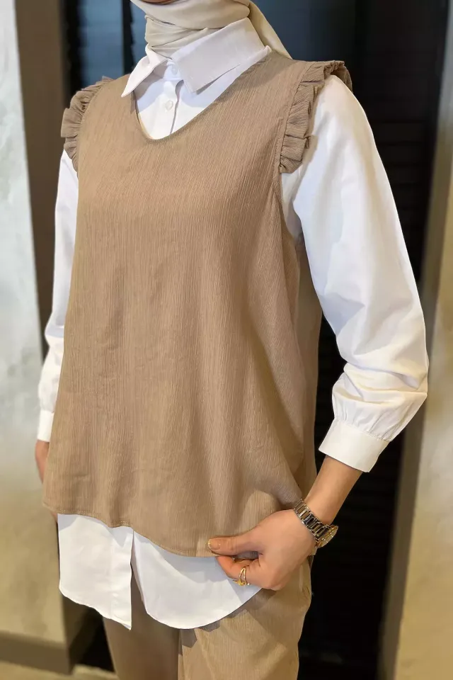 Kadın Fırfırlı Gömlek Süveter Pantolon Tesettür Üçlü Takım Bej