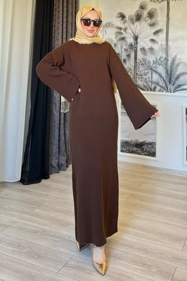 Kadın Fitilli Uzun Tesettür Triko Elbise Kahve