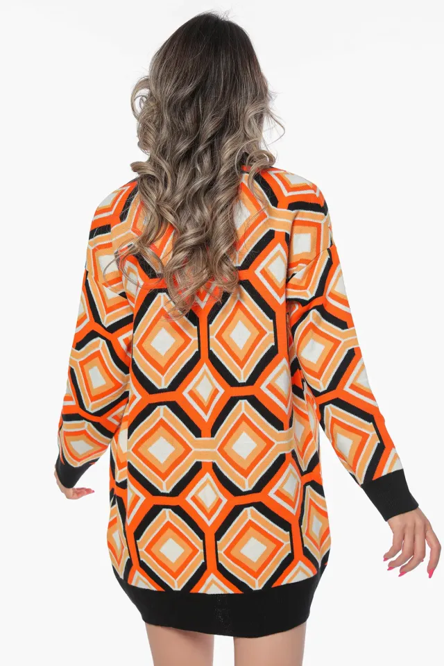 Kadın Geometrik Desenli Triko Hırka Siyah Orange