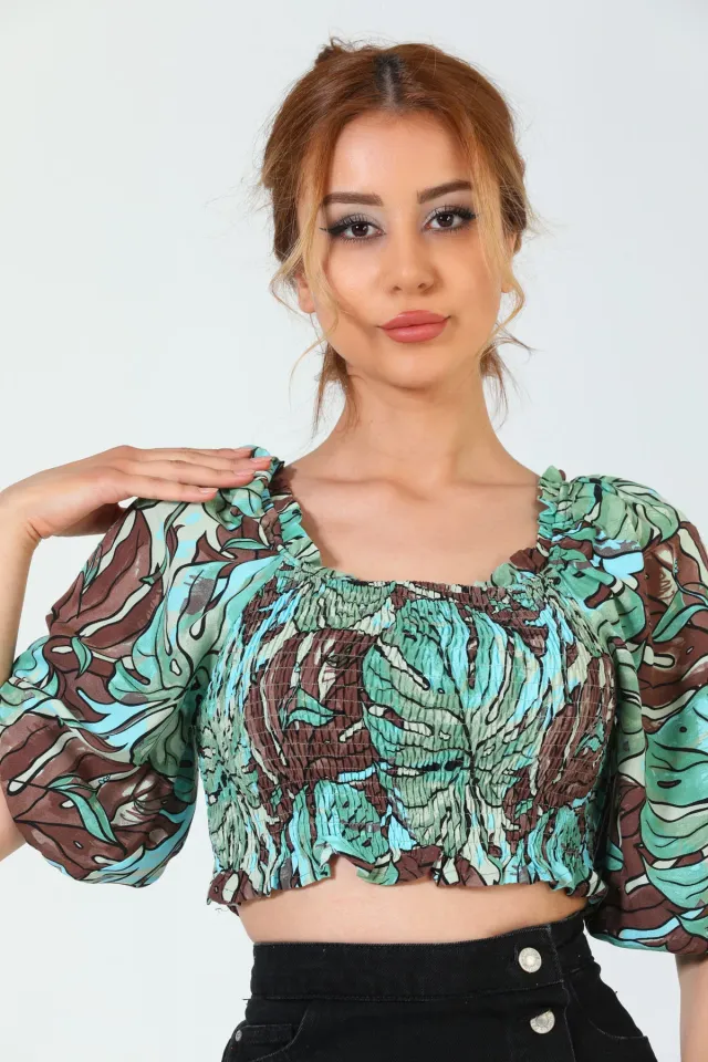 Kadın Gipeli Desenli Crop Bluz Yeşilkahve