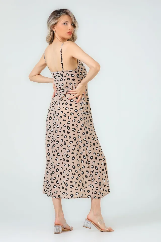 Kadın Göğüs İp Detaylı İp Askılı Leopar Elbise Bej