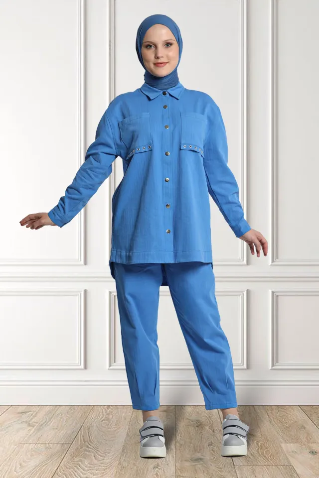Kadın Gömlek Pantolon Tesettür İkili Takım Mavi