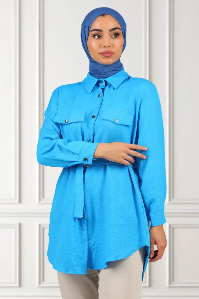 Kadın Gömlek Yaka Bel Lastikli Kuşak Detaylı Tesettür Tunik Mavi