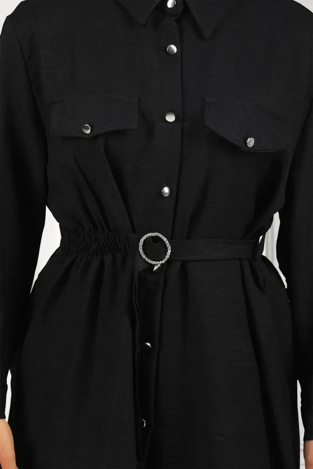 Kadın Gömlek Yaka Bel Lastikli Kuşak Detaylı Tesettür Tunik Siyah